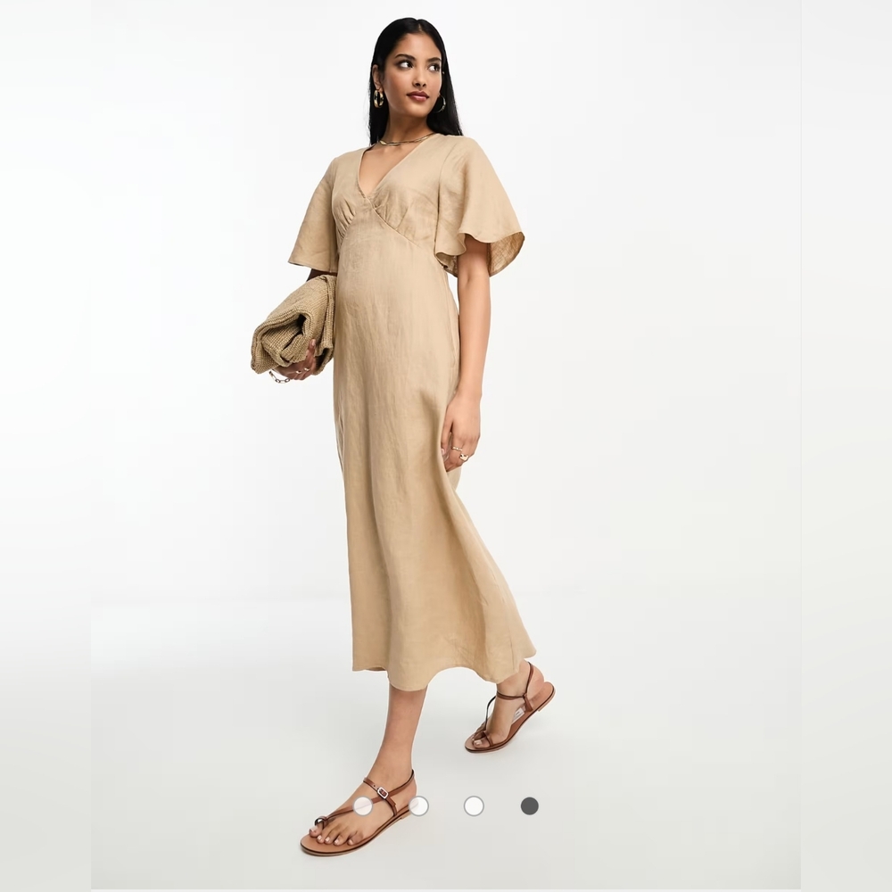 & Other Stories NWT Linen Flutter Sleeve Midi Dress Tan Size S - Picture 3 of 6